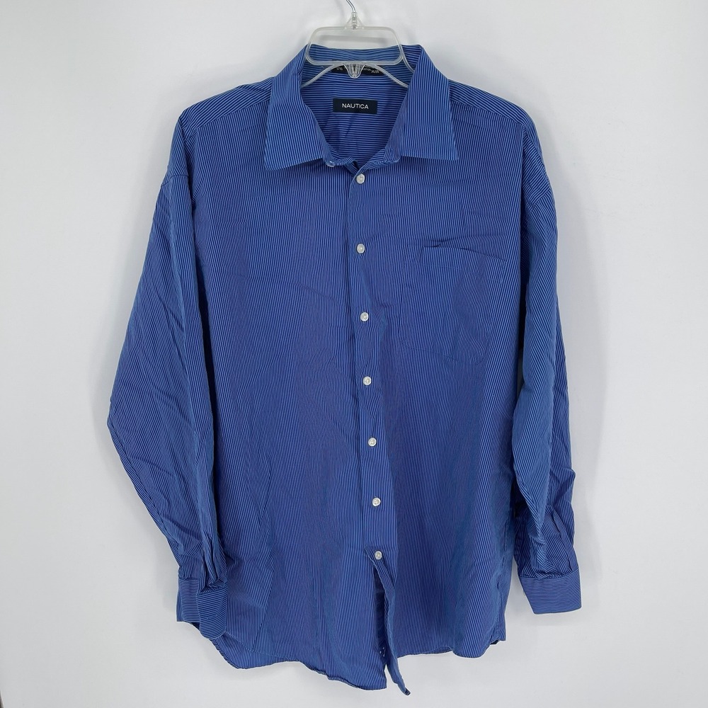 Nautica Men's Blue Striped Long Sleeve Button Down Shirt Size 17.5 34/35